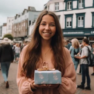 AliExpress Jersey: A young and happy Jersey woman stands in the center of Saint Helier and holds a gift box in her hands.