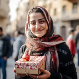 AliExpress Jordan: A young and happy Jordanian woman stands in the center of Amman and holds a gift box in her hands.