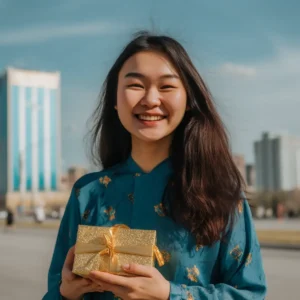 AliExpress Kazakhstan: A young and happy Kazakh woman stands in the center of Nur-Sultan and holds a gift box in her hands.
