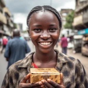 AliExpress Kenya: A young and happy Kenyan woman stands in the center of Nairobi and holds a gift box in her hands.