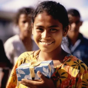 AliExpress Kiribati: A young and happy I-Kiribati woman stands in the center of Tarawa and holds a gift box in her hands.