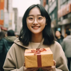 AliExpress Korea: A young and happy Korean woman stands in the center of Seoul and holds a gift box in her hands.