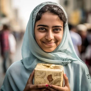 AliExpress Kuwait: A young and happy Kuwaiti woman stands in the center of Kuwait City and holds a gift box in her hands.