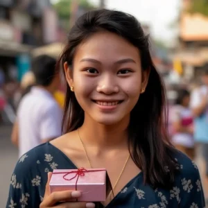 AliExpress Lao People's Democratic Republic: A young and happy Laotian woman stands in the center of Vientiane and holds a gift box in her hands.