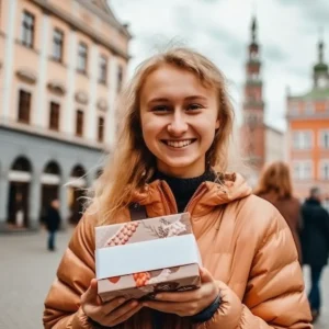 AliExpress Latvia: A young and happy Latvian woman stands in the center of Riga and holds a gift box in her hands.