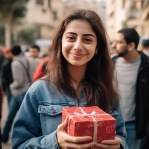AliExpress Lebanon: A young and happy Lebanese woman stands in the center of Beirut and holds a gift box in her hands.