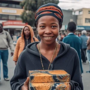 AliExpress Lesotho: A young and happy Basotho woman stands in the center of Maseru and holds a gift box in her hands.