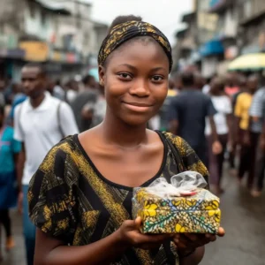 AliExpress Liberia: A young and happy Liberian woman stands in the center of Monrovia and holds a gift box in her hands.
