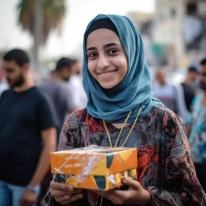 AliExpress Libya: A young and happy Libyan woman stands in the center of Tripoli and holds a gift box in her hands.
