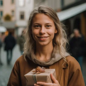 AliExpress Liechtenstein: A young and happy Liechtensteiner woman stands in the center of Vaduz and holds a gift box in her hands.