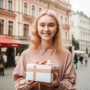 AliExpress Lithuania: A young and happy Lithuanian woman stands in the center of Vilnius and holds a gift box in her hands.
