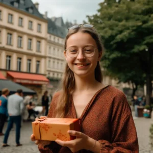 AliExpress Luxembourg: A young and happy Luxembourger woman stands in the center of Luxembourg City and holds a gift box in her hands.