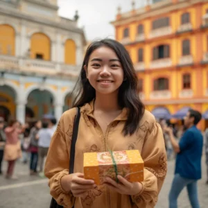 AliExpress Macau, China: A young and happy Macanese woman stands in the center of Macau and holds a gift box in her hands.