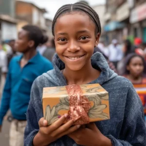 AliExpress Madagascar: A young and happy Malagasy woman stands in the center of Antananarivo and holds a gift box in her hands.