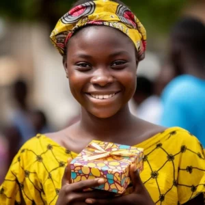 AliExpress Malawi: A young and happy Malawian woman stands in the center of Lilongwe and holds a gift box in her hands.