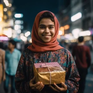 AliExpress Malaysia: A young and happy Malaysian woman stands in the center of Kuala Lumpur and holds a gift box in her hands.