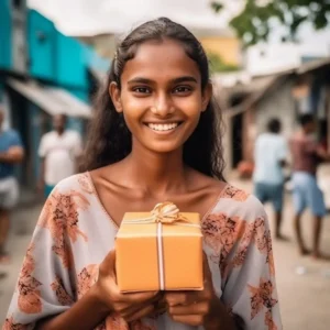 AliExpress Maldives: A young and happy Maldivian woman stands in the center of Malé and holds a gift box in her hands.
