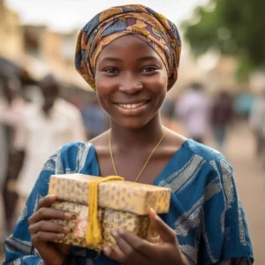 AliExpress Mali: A young and happy Malian woman stands in the center of Bamako and holds a gift box in her hands.