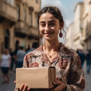 AliExpress Malta: A young and happy Maltese woman stands in the center of Valletta and holds a gift box in her hands.
