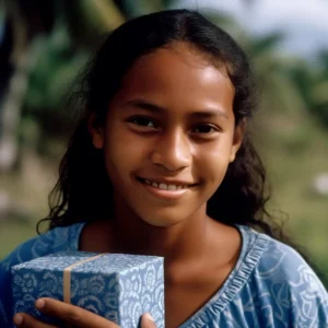 AliExpress Marshall Islands: A young and happy Marshallese woman stands in the center of Majuro and holds a gift box in her hands.