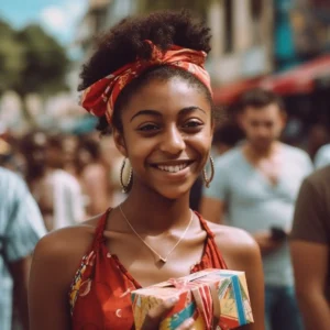 AliExpress Martinique: A young and happy Martinican woman stands in the center of Fort-de-France and holds a gift box in her hands.