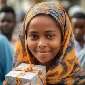 AliExpress Mauritania: A young and happy Mauritanian woman stands in the center of Nouakchott and holds a gift box in her hands.