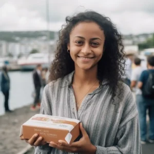 AliExpress Mauritius: A young and happy Mauritian woman stands in the center of Port Louis and holds a gift box in her hands.