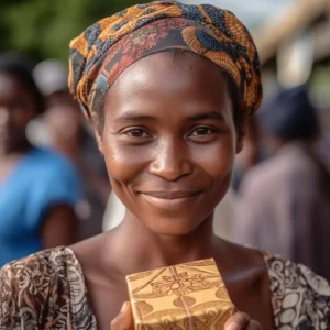 AliExpress Mayotte: A young and happy Mahoran woman stands in the center of Mamoudzou and holds a gift box in her hands.