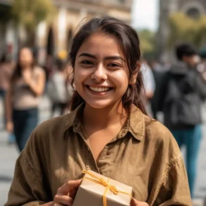 AliExpress Mexico: A young and happy Mexican woman stands in the center of Mexico City and holds a gift box in her hands.