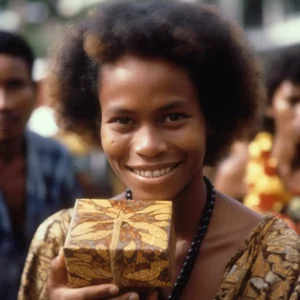 AliExpress Micronesia: A young and happy Micronesian woman stands in the center of Palikir and holds a gift box in her hands.