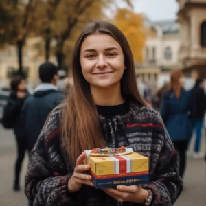 AliExpress Moldova: A young and happy Moldovan woman stands in the center of Chișinău and holds a gift box in her hands.