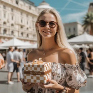 AliExpress Monaco: A young and happy Monegasque woman stands in the center of Monaco and holds a gift box in her hands.