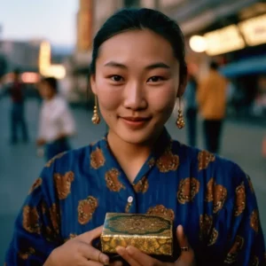 AliExpress Mongolia: A young and happy Mongolian woman stands in the center of Ulaanbaatar and holds a gift box in her hands.