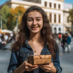 AliExpress Montenegro: A young and happy Montenegrin woman stands in the center of Podgorica and holds a gift box in her hands.