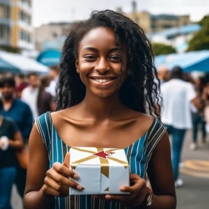 AliExpress Montserrat: A young and happy Montserratian woman stands in the center of Plymouth and holds a gift box in her hands.
