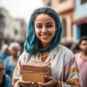 AliExpress Morocco: A young and happy Moroccan woman stands in the center of Rabat and holds a gift box in her hands.