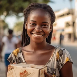 AliExpress Mozambique: A young and happy Mozambican woman stands in the center of Maputo and holds a gift box in her hands.