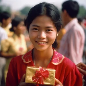 AliExpress Myanmar (Burma): A young and happy Burmese woman stands in the center of Naypyidaw and holds a gift box in her hands.