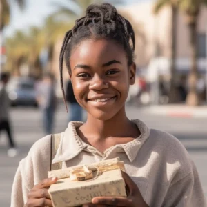 AliExpress Namibia: A young and happy Namibian woman stands in the center of Windhoek and holds a gift box in her hands.