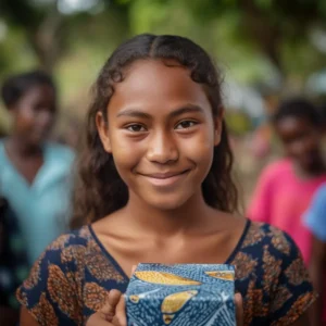 AliExpress Nauru: A young and happy Nauruan woman stands in the center of Yaren and holds a gift box in her hands.