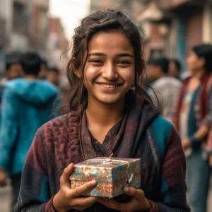 AliExpress Nepal: A young and happy Nepali woman stands in the center of Kathmandu and holds a gift box in her hands.