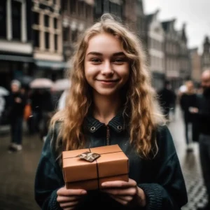 AliExpress Netherlands: A young and happy Dutch woman stands in the center of Amsterdam and holds a gift box in her hands.