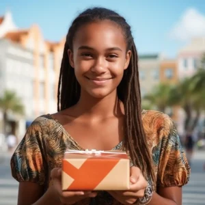 AliExpress Netherlands Antilles: A young and happy woman from the Netherlands Antilles stands in the center of Willemstad and holds a gift box in her hands.