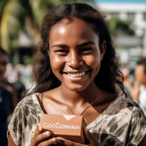 AliExpress New Caledonia: A young and happy New Caledonian woman stands in the center of Nouméa and holds a gift box in her hands.
