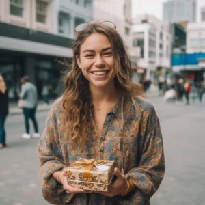 AliExpress New Zealand: A young and happy New Zealander woman stands in the center of Wellington and holds a gift box in her hands.