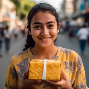 AliExpress Nicaragua: A young and happy Nicaraguan woman stands in the center of Managua and holds a gift box in her hands.