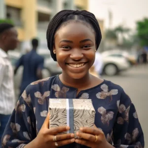 AliExpress Nigeria: A young and happy Nigerian woman stands in the center of Abuja and holds a gift box in her hands.