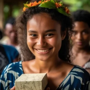 AliExpress Niue: A young and happy Niuean woman stands in the center of Alofi and holds a gift box in her hands.