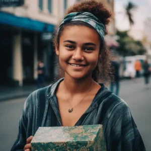 AliExpress Norfolk Island: A young and happy Norfolk Islander woman stands in the center of Kingston and holds a gift box in her hands.