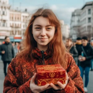 AliExpress North Macedonia (Macedonia): A young and happy Macedonian woman stands in the center of Skopje and holds a gift box in her hands.